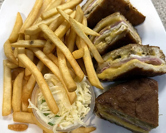 Monte Cristo sandwich with fries and coleslaw